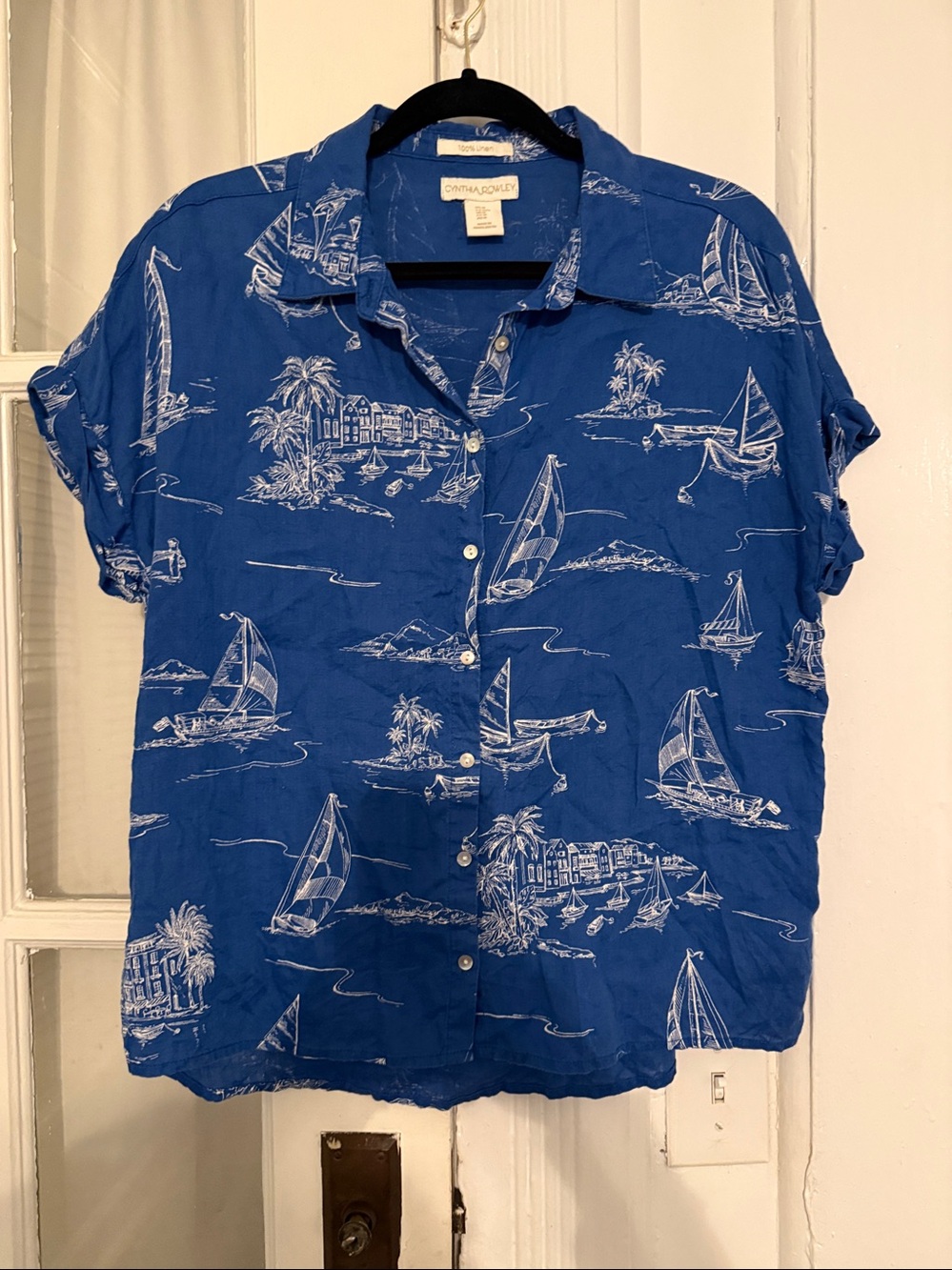 Cynthia Rowley Linen Sail Boat  coastal BeachyTop in Bright Blue SZ M
